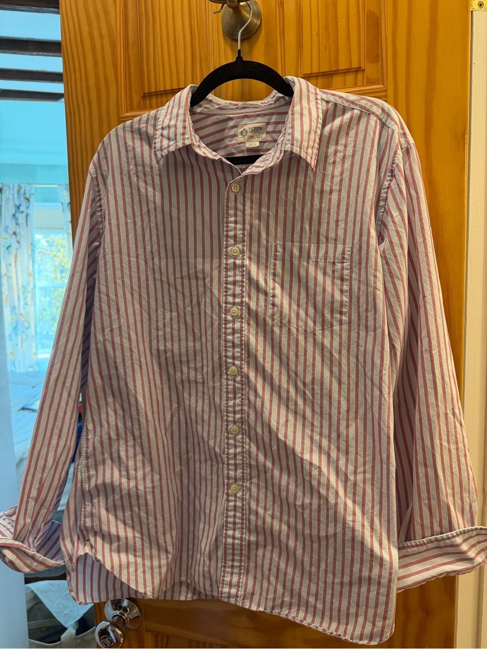 Vintage J. Crew Men's Pink and White Vertical Stripe Button-Down Shirt